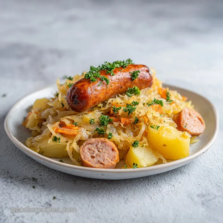 A rustic iron skillet brimming with savory sausage, golden potatoes, and a swirl of vibrant sauerkraut.