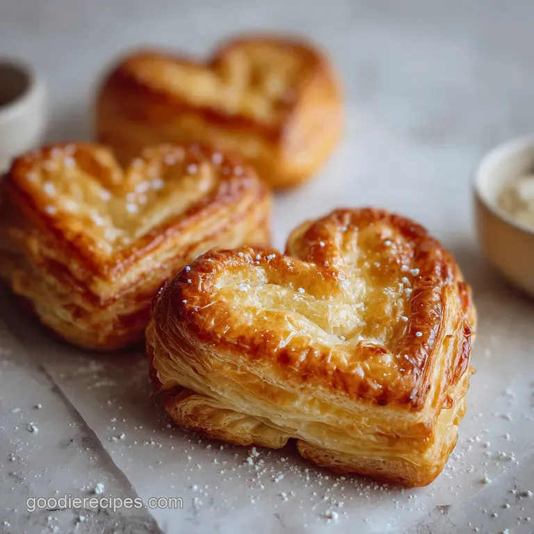 Delicate, heart-shaped pastries are arranged artfully on a white plate, their crisp layers catching the light, inviting a ...