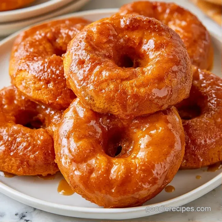 Stack of vibrant orange cake donuts with a swirl of glossy white glaze on a clean, modern white ceramic plate.