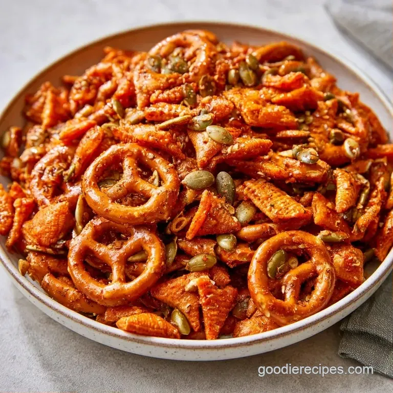 Golden-orange savory snack mix piled high in a white ceramic bowl on a wooden table beside a soft linen napkin.
