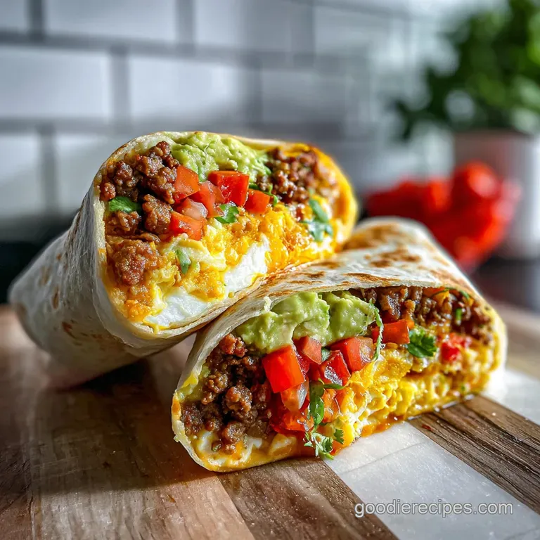 Breakfast burrito, cut open, showcasing fluffy scrambled eggs, melted cheese, and colorful vegetables.