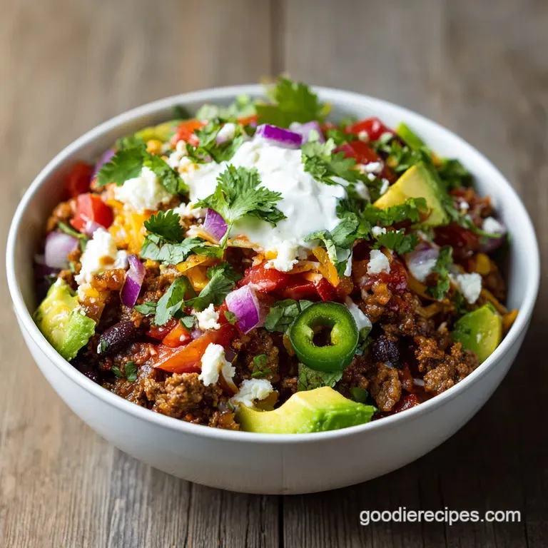 An artful taco bowl display. Layers of vibrant ingredients, with a dollop of sour cream and fresh cilantro, create a flavo...