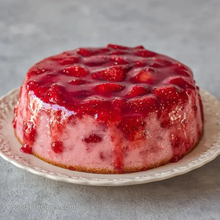 A neat slice of pink layered cake served on a white plate, garnished with fresh strawberry slices and mint.