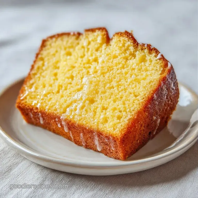 Golden yellow cake slice on a white plate, topped with a swirl of whipped cream and a fresh mint leaf garnish.