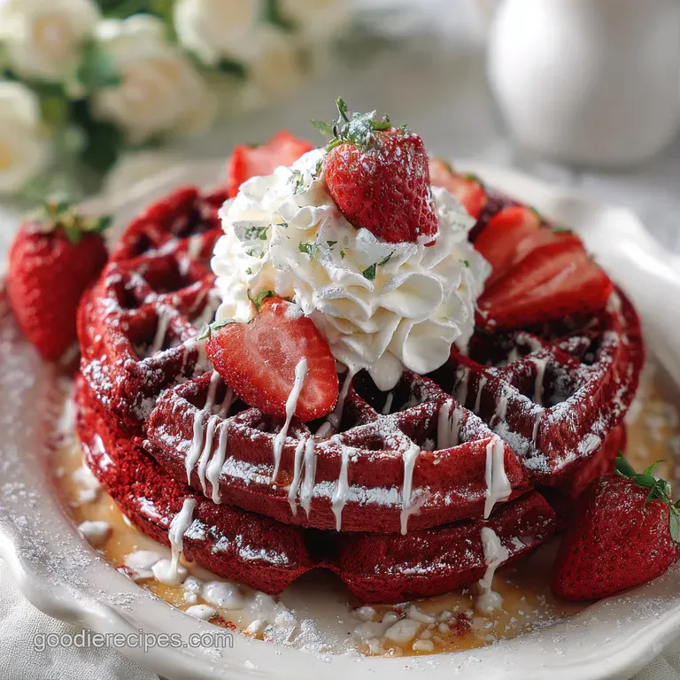 Stack of vibrant red velvet waffles topped with whipped cream and fresh raspberries, dusted with cocoa powder on a white p...