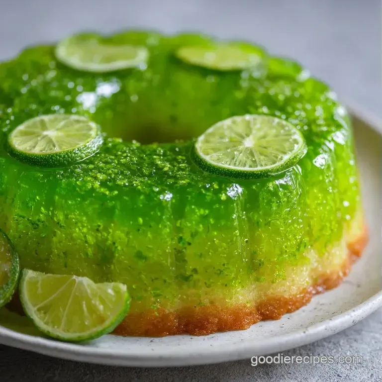 A slice of translucent green cake topped with a cloud of white cream and a mint leaf on a minimalist white plate.