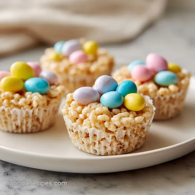 Festive Rice Krispies treat cup, adorned with pastel sprinkles and candy eggs, sitting atop a whimsical Easter-themed plate.