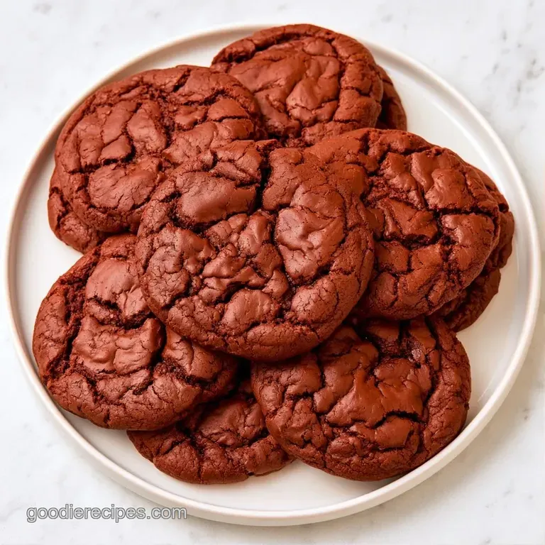 Three deep cocoa biscuits stacked neatly on a white ceramic plate, dusted with a fine sprinkle of powdered sugar.
