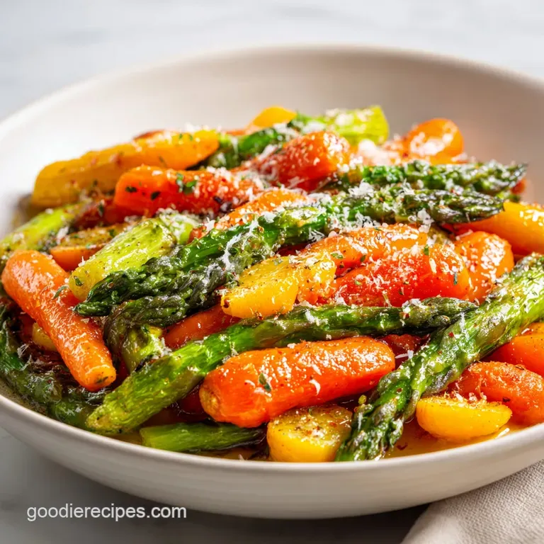 A rustic white plate showcasing tender, roasted asparagus and carrots, sprinkled with flaky sea salt.
