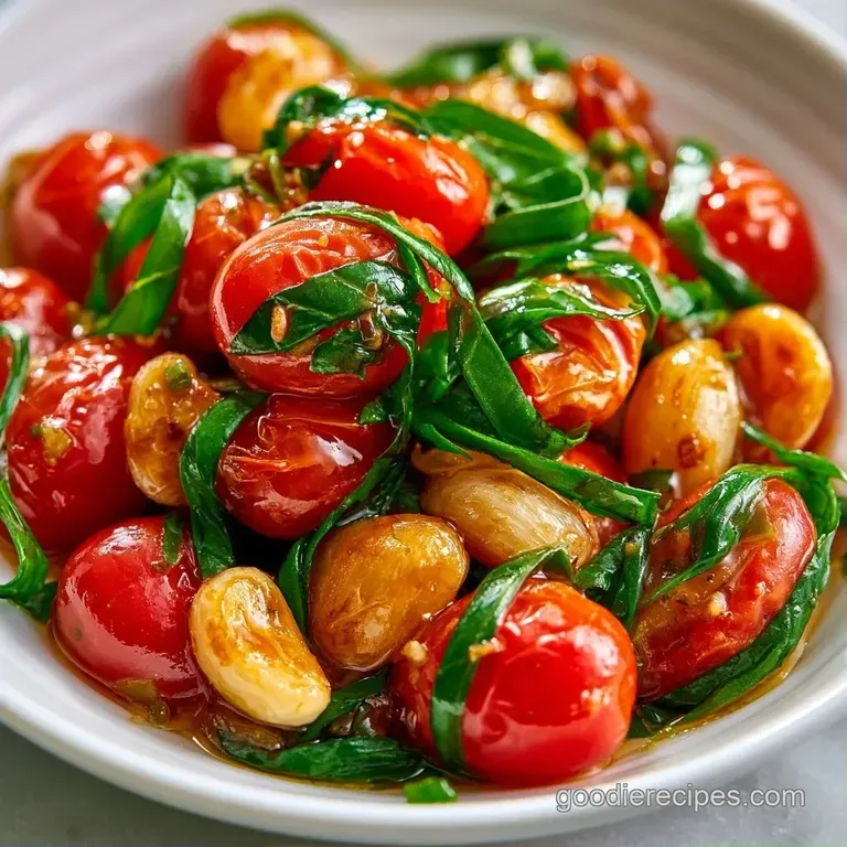 Vibrant red blistered tomatoes and charred garlic cloves served in a rustic cast-iron skillet with fresh parsley.