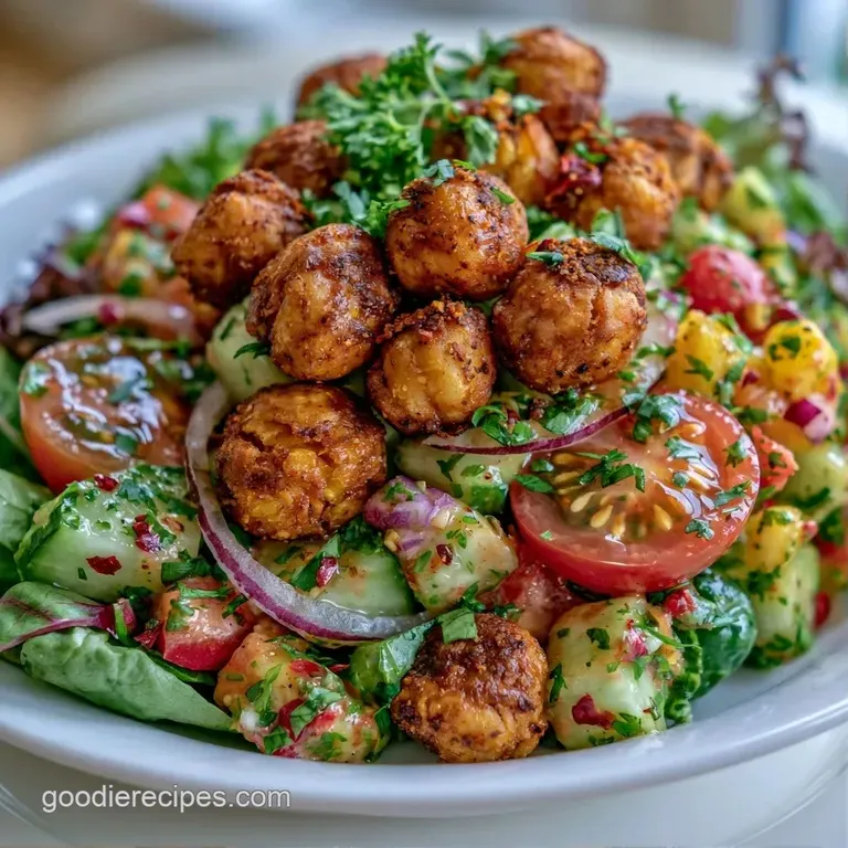 Neatly plated golden chickpeas and fresh garden greens accented with crumbled white feta and a glossy lemon glaze.
