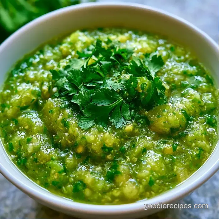 A small bowl of bright green salsa surrounded by salted tortilla chips and a fresh lime wedge on a wooden board.