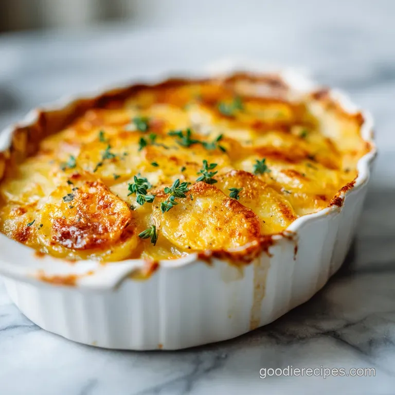 An elegant serving of potatoes au gratin, topped with fresh chives, showcasing rich creamy layers.