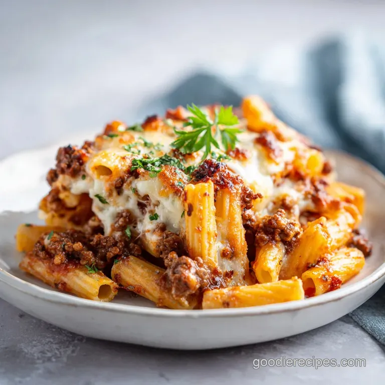 A generous serving of baked ziti, its creamy ricotta filling peeking through a rich tomato sauce, ready to be devoured.