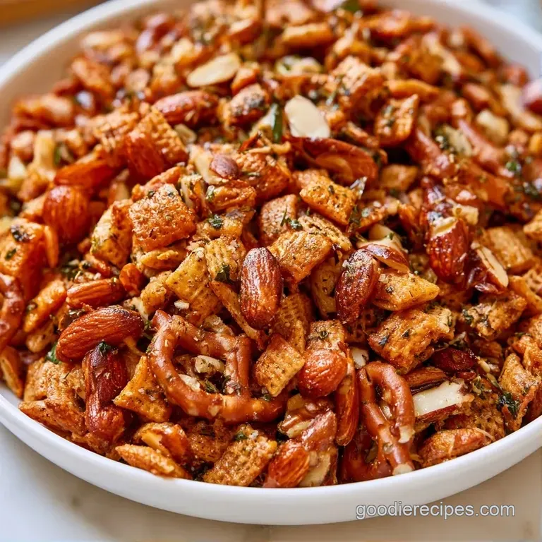 A white ceramic bowl filled with golden seasoned cereal squares and pretzels resting on a soft linen napkin.