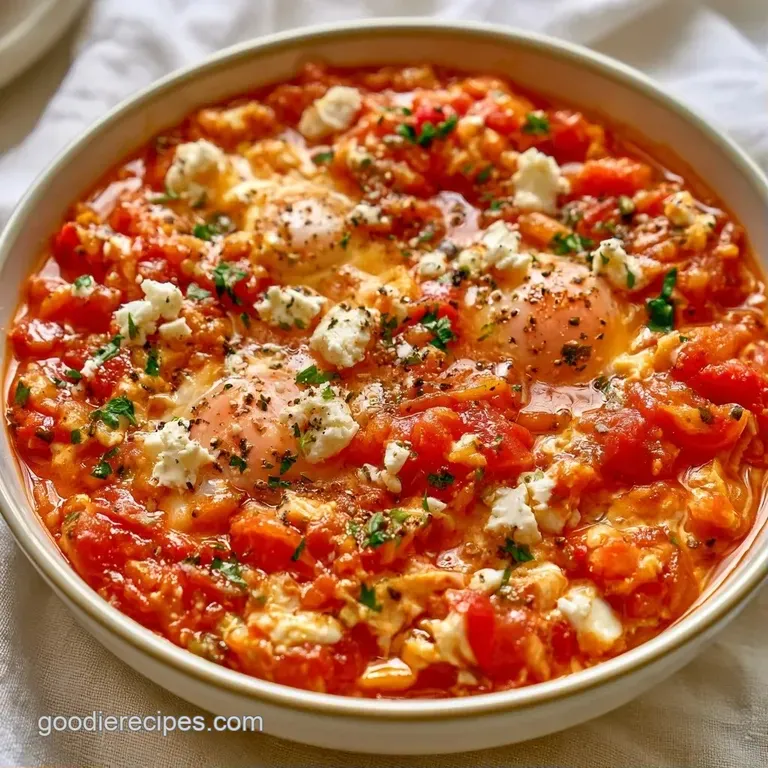 Rustic iron skillet of poached eggs in red sauce, topped with crumbled white feta and fresh green herbs.
