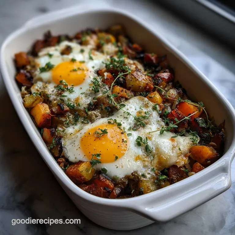 Breakfast hash elegantly plated: golden potatoes, crumbled sausage, and a sunny-side up egg, garnished with herbs.