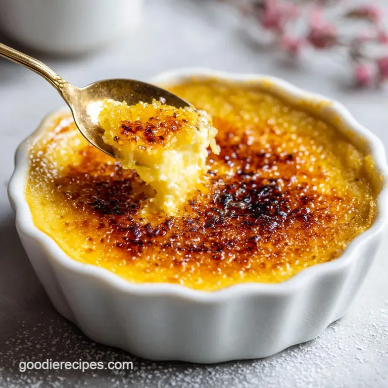 Elegant cr&egrave;me br&ucirc;l&eacute;e in a shallow white bowl, its glassy, burnt sugar top reflecting light with fresh raspberry garnish.