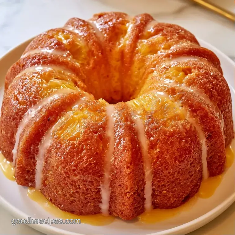 A slice of golden yellow cake on a white ceramic plate, drizzled with creamy icing and a fresh mint leaf garnish.