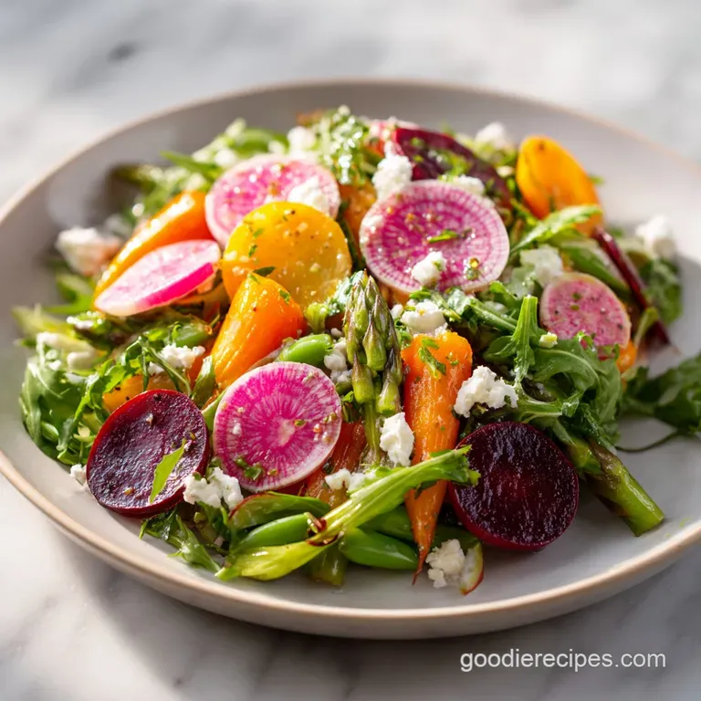 A bright spring salad artfully arranged on a white plate, showcasing crisp textures and colorful, fresh ingredients.