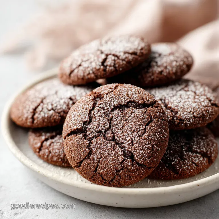 A rustic wooden board displays a stack of freshly baked chocolate sugar cookies, lightly powdered.