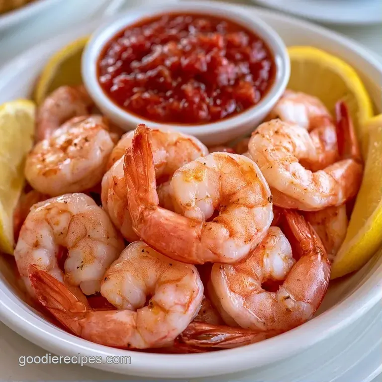 Elegant glass goblet filled with chilled shrimp encircling a small bowl of spicy red sauce and fresh parsley.