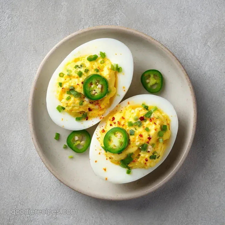 Neatly arranged halved eggs with piped golden filling and fresh green pepper slices on a white marble platter.