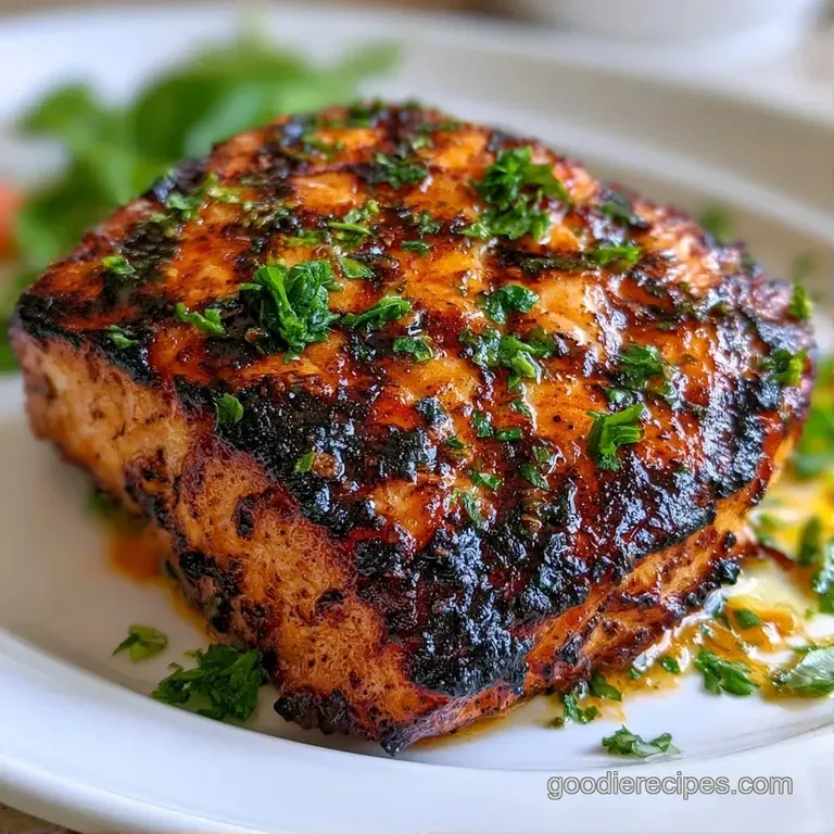Reddish grilled fish fillets arranged on a white ceramic plate with a creamy yogurt swirl and vibrant green herbs.