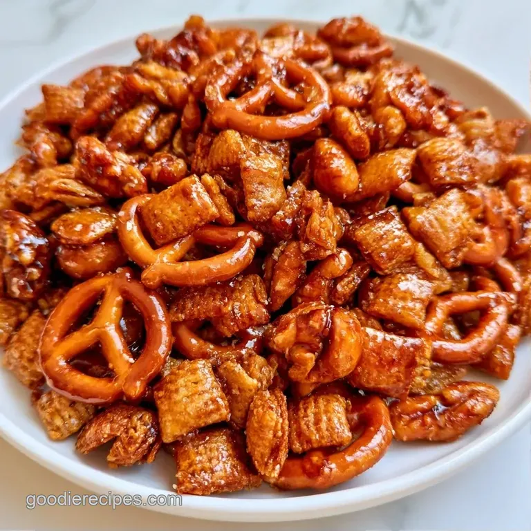 A mountain of glazed cereal and salty pretzels piled high in a white ceramic bowl with a side of toasted pecans.