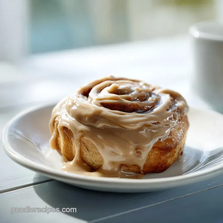 A glossy pool of white icing gracefully drapes over a perfectly arranged cinnamon roll on a delicate white plate.