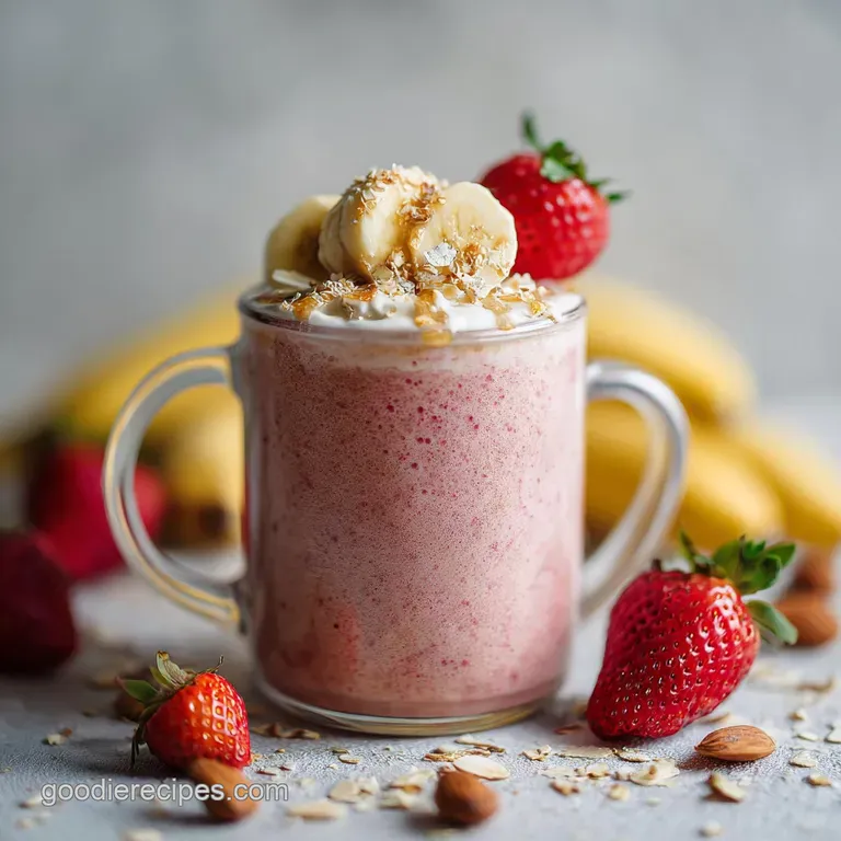 Tall glass of strawberry smoothie with a paper straw, garnished with sliced berries and mint. A refreshing breakfast treat.