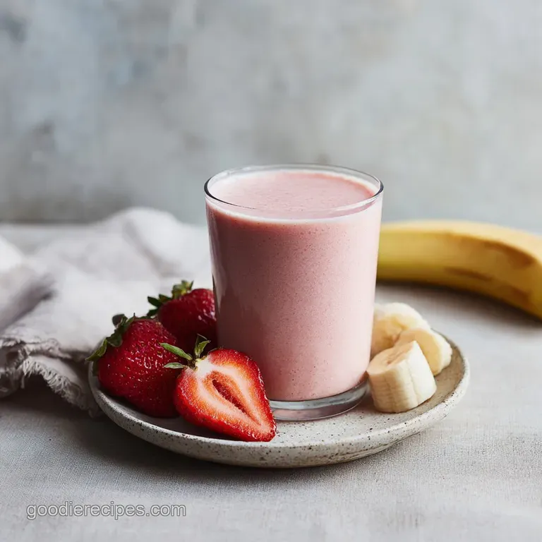 Frosted glass of pale pink smoothie, adorned with a strawberry fan and banana slice, on a bright white marble counter.