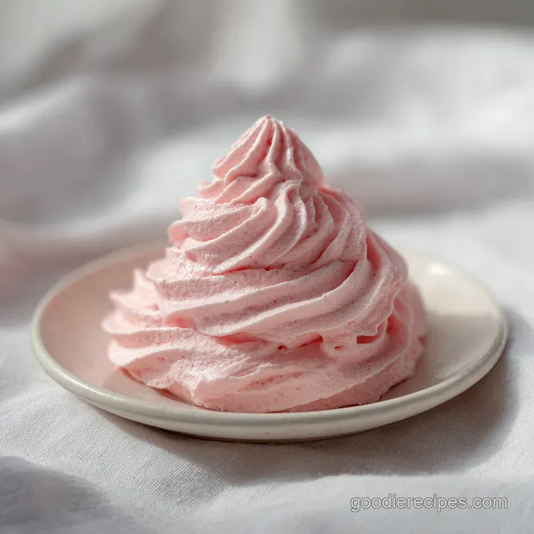 Elegant cupcakes with tall peaks of pastel pink frosting on a white plate, garnished with a tiny mint leaf.