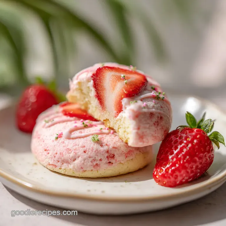 Three delicate pink cookies arranged artfully on a white plate, one with a bite taken.
