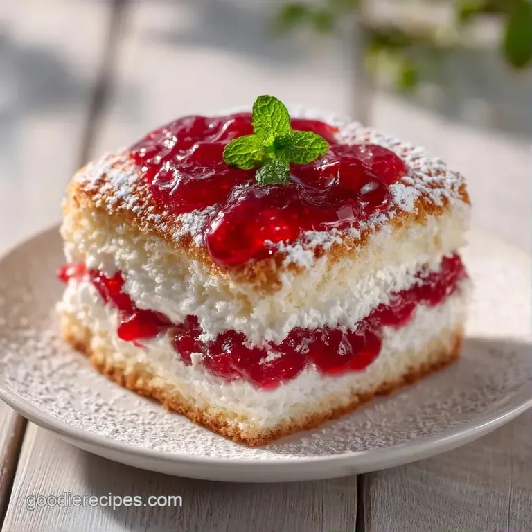 A precise slice of moist pink cake topped with swirls of white cream and a bright red berry on a white ceramic plate.