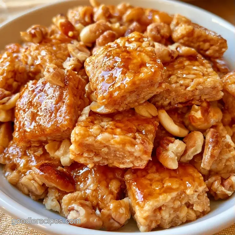 A mountain of glistening, sugar-coated cereal and nuts piled high on a rustic wooden platter with a linen napkin.