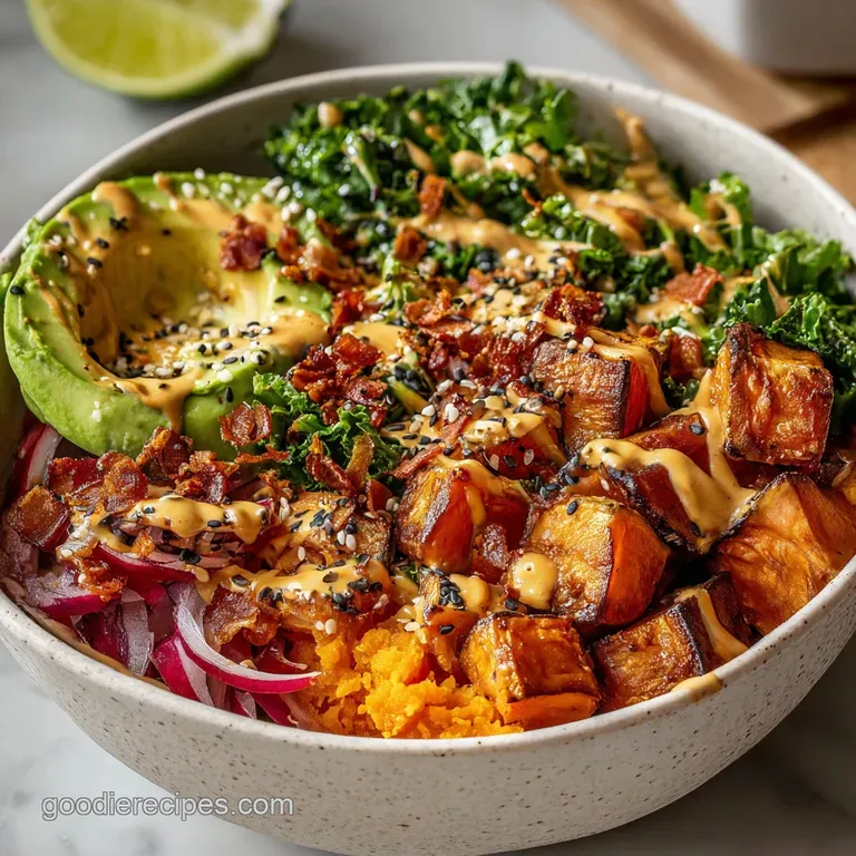 Colorful sweet potato bowl artfully arranged with neatly separated sections of quinoa, greens, and chickpeas.