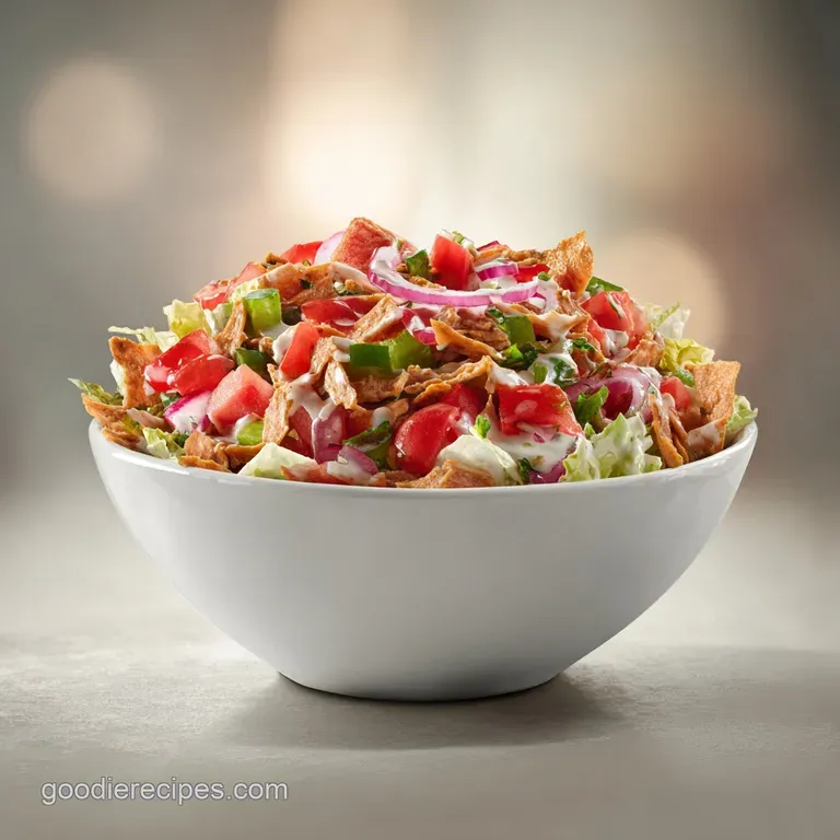 Drizzled creamy green dressing coats vibrant greens and colorful veggies in a bright taco salad presentation.