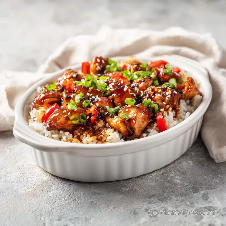 Tender chicken and colorful vegetables artfully arranged over fluffy rice, drizzled with glossy teriyaki glaze.