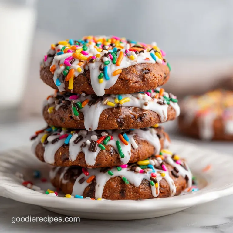 Stacked chocolate cookies with a sugary crumble topping on a rustic plate. Delicious, shareable dessert or snack.