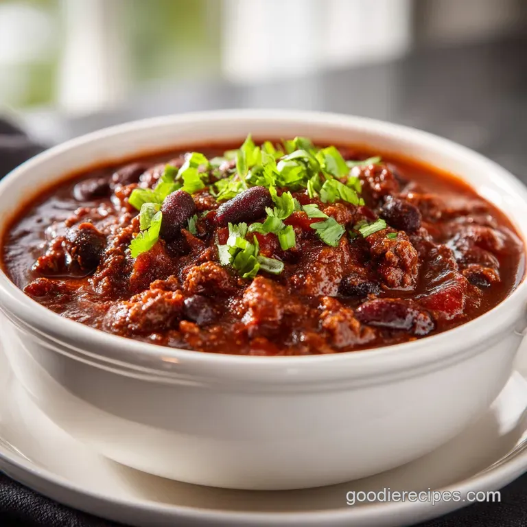 A spoonful of steaming chili, showcasing the hearty mix of beans and meat, served with a crispy cornbread muffin.