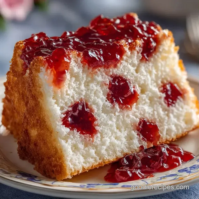 A moist slice of colorful cake topped with pillowy white cream, resting on a white ceramic plate with a fork nearby.