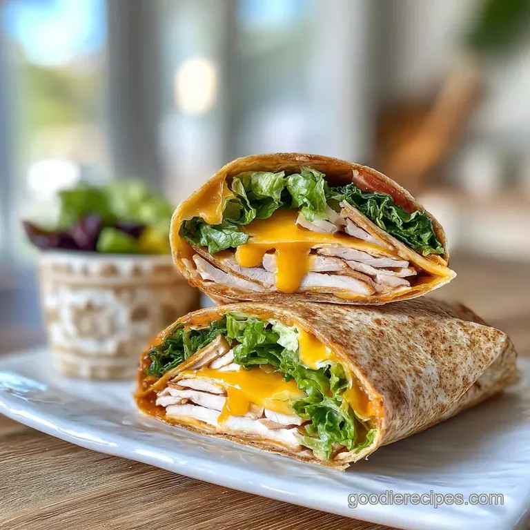 Artistic arrangement of turkey wraps, cut to reveal layers of tender turkey, melted cheese, crisp lettuce, and creamy yell...
