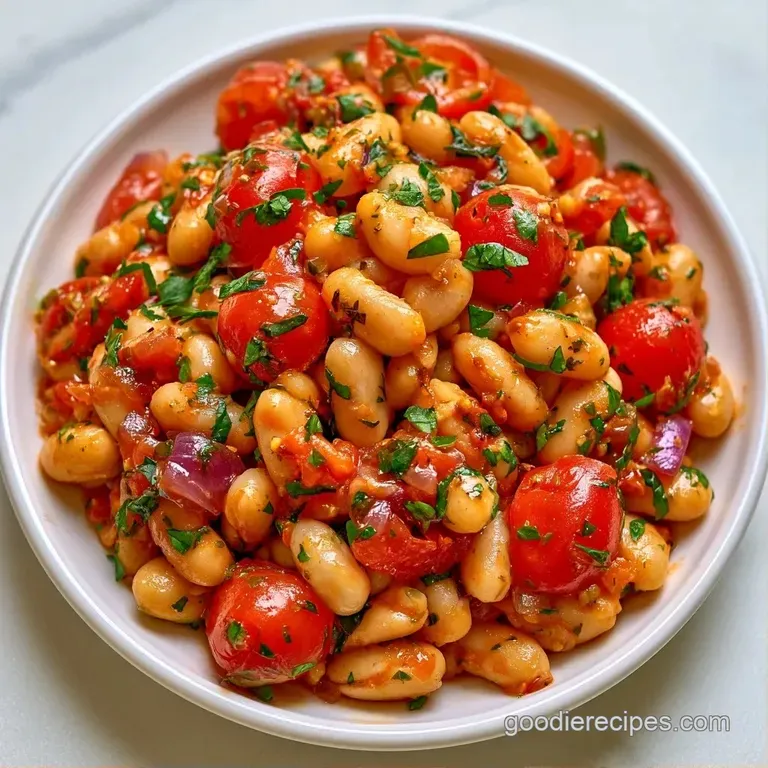 A shallow white bowl of seasoned white beans and chopped herbs, served on a linen cloth with a silver spoon beside it.