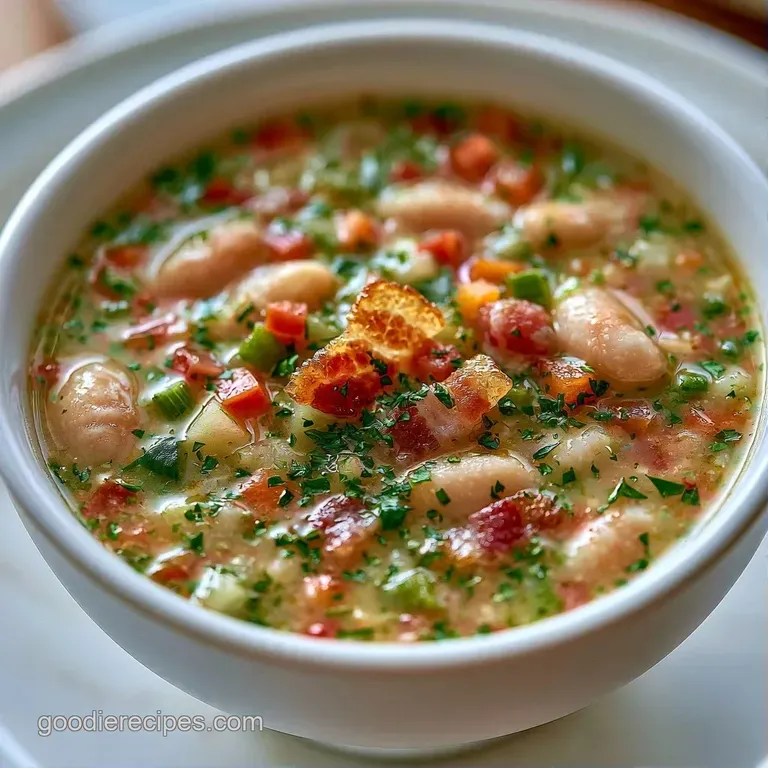 A white ceramic bowl of creamy soup topped with a swirl of olive oil and a fresh parsley sprig on a wooden table.