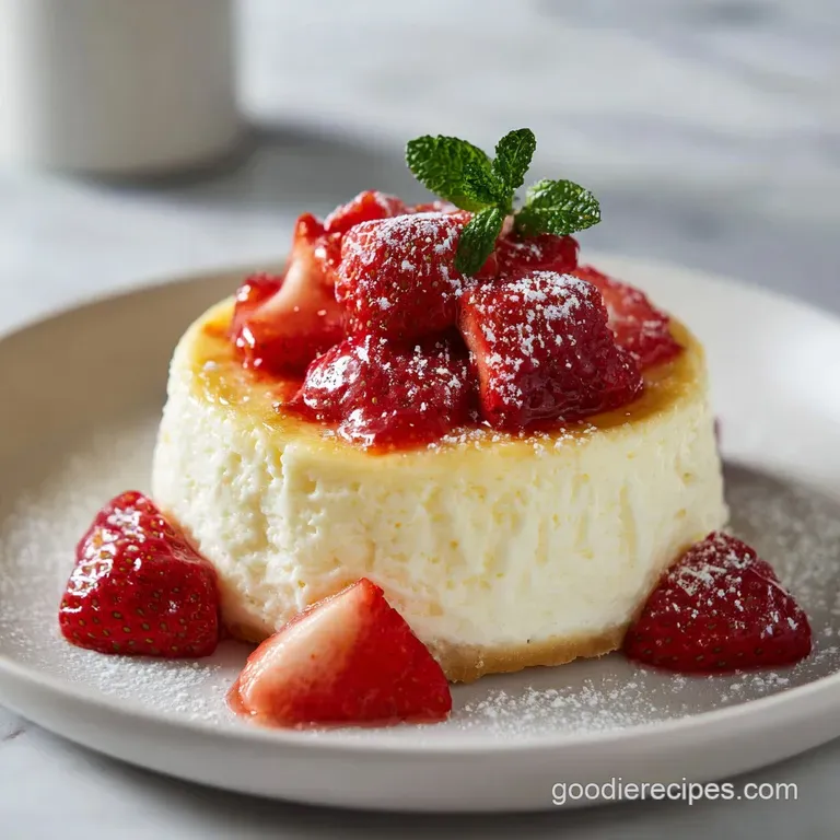 Elegant slice of vanilla cheesecake with a luscious, glossy surface on a white plate. Fresh berries add a pop of color and...