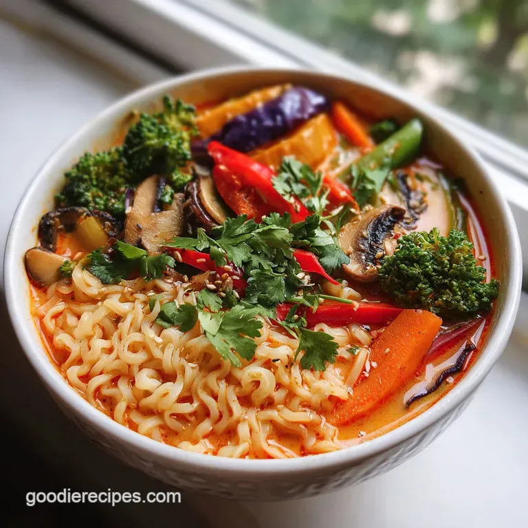 A steaming bowl of bright red Thai curry ramen, artfully arranged with fresh herbs and sliced chilis for a colorful, appet...