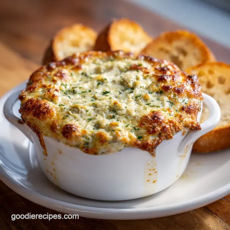 Elegant artichoke dip served in a white ceramic bowl, garnished with parsley sprigs and accompanied by a platter of crusty...