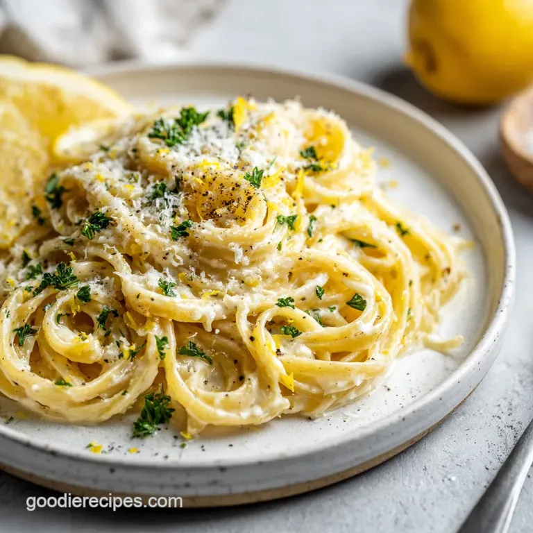 A swirl of bright lemon pasta on a white plate, topped with Parmesan shavings and a fresh basil sprig.