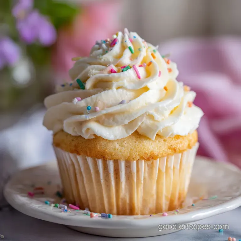 A single vanilla cupcake with tall, piped frosting, adorned with delicate pearl sprinkles on a fluted white plate.